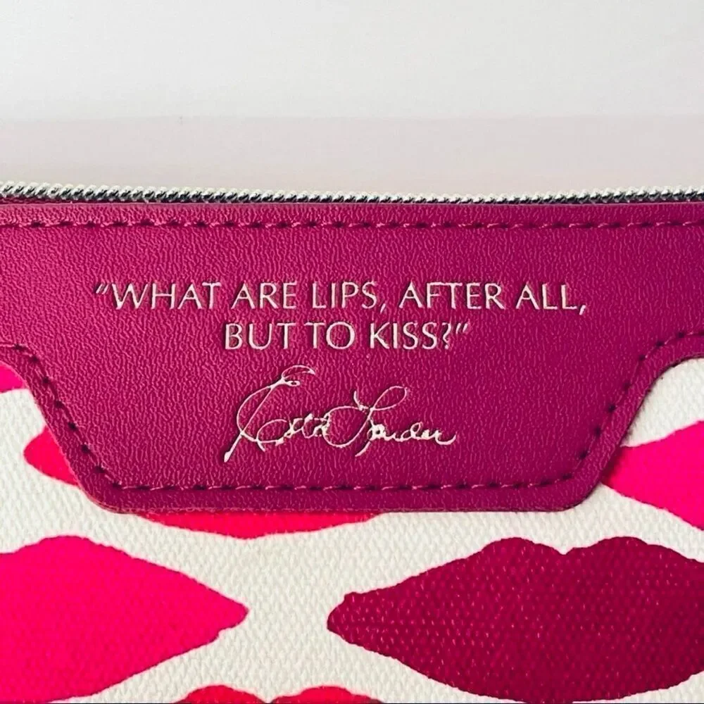 NWT ESTEE Lauder White Off, Pink, Burgundy, Kisses Lips, Cosmetics Make up Bag